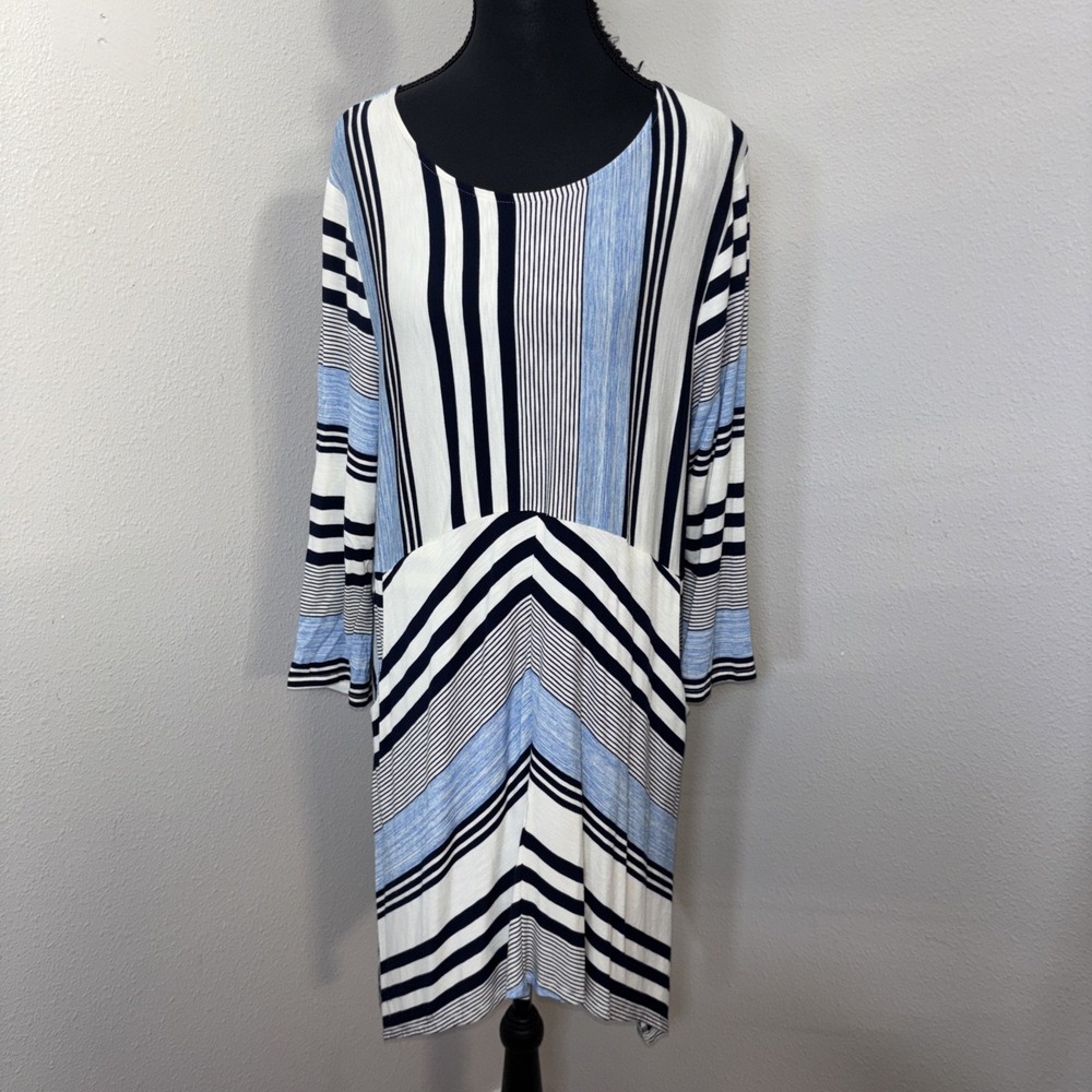 Chico's Blouse Women's 1 Blue & Black Stripe Asymmetrical Hem Pockets Minimal